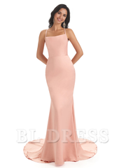 Mermaid Spaghetti Backless Straps Satin Long formal dresses evening gown Bridesmaid Dresses