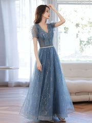 Blue v neck tulle tea length prom dress, blue sequin evening dress