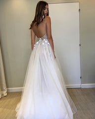 Ivory V Neck Backless Beaded Wedding Dresses with 3D Flowers, Ivory Backless Floral Prom Dresses Evening Dresses
