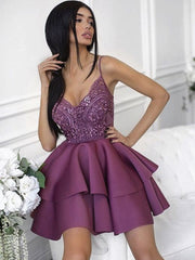 Sweetheart Neck Short Purple Lace Prom Dresses, Short Purple Lace Homecoming Graduation Cocktail Dresses