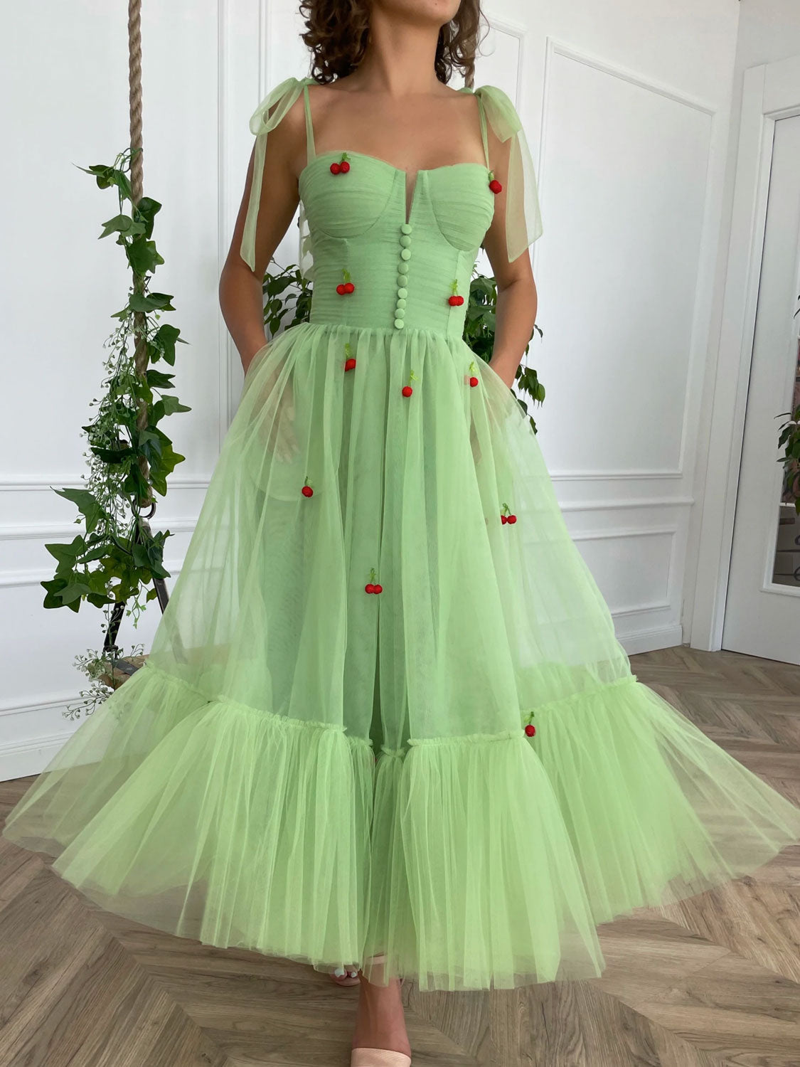 Green tulle tea length prom dress, tulle formal dress