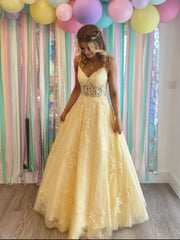 Yellow v neck tulle lace long prom dress, yellow lace formal party dress