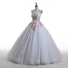 Light Blue Sweethart Flowers Ball Gown Formal Dress, Blue Sweet 16 Dress