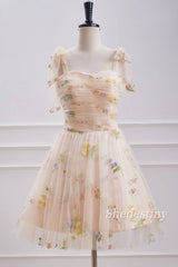 Floral Print Sweetheart Champagne Homecoming Dress