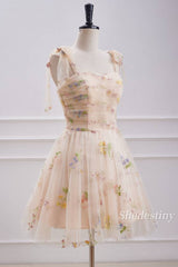 Floral Print Sweetheart Champagne Homecoming Dress