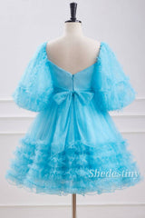 Puff Sleeves A-Line Ruffle Ice Blue Homecoming Dress
