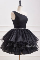 One-Shoulder Tulle Homecoming Dress with Rhinestone
