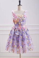 Lavender 3D Flower Print A-Line Lace Formal Dress