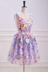 Lavender 3D Flower Print A-Line Lace Formal Dress