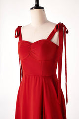 Roest rode chiffon lange bruidsmeisje jurk met stropdasschouders