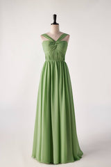 Geplooide halter matcha groene chiffon lange bruidsmeisje jurk
