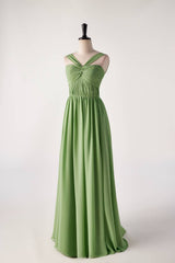 Geplooide halter matcha groene chiffon lange bruidsmeisje jurk