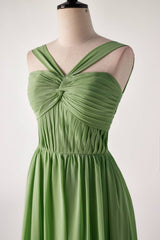 Geplooide halter matcha groene chiffon lange bruidsmeisje jurk