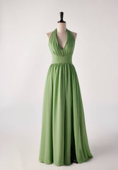 Halter v nek matcha groene lange bruidsmeisje jurk