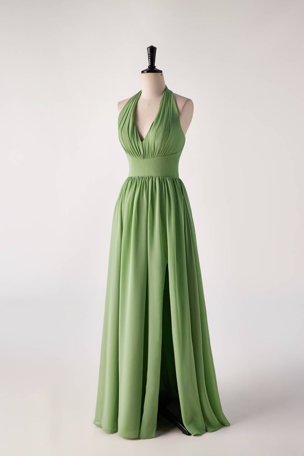 Halter v nek matcha groene lange bruidsmeisje jurk