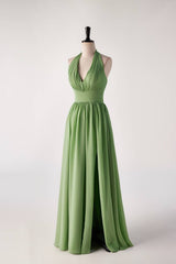 Halter v nek matcha groene lange bruidsmeisje jurk