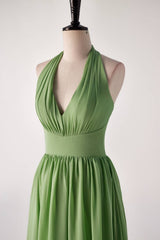 Halter v nek matcha groene lange bruidsmeisje jurk