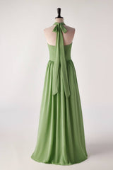 Halter v nek matcha groene lange bruidsmeisje jurk