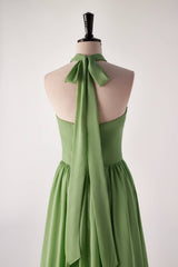 Halter v nek matcha groene lange bruidsmeisje jurk
