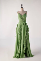 Matcha groene ruche faux wrap bruidsmeisje jurk