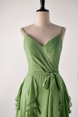 Matcha groene ruche faux wrap bruidsmeisje jurk