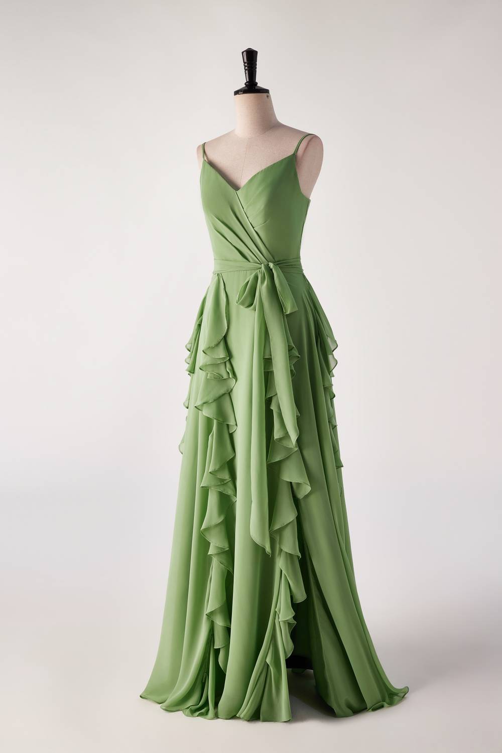 Matcha groene ruche faux wrap bruidsmeisje jurk