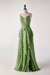 Matcha groene ruche faux wrap bruidsmeisje jurk