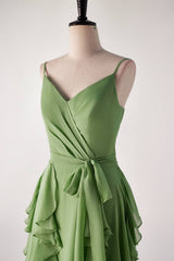 Matcha groene ruche faux wrap bruidsmeisje jurk
