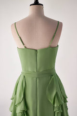 Matcha groene ruche faux wrap bruidsmeisje jurk