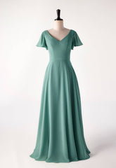Flare mouwen eucalyptus chiffon lange bruidsmeisje jurk