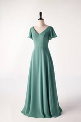 Flare mouwen eucalyptus chiffon lange bruidsmeisje jurk