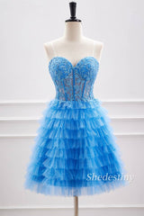 Blue Beaded Sweetheart A-Line Short Party Dress