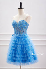 A-Line Strapless Applique Multi-Layers Tulle Sleeveless Short  Homecoming Dress