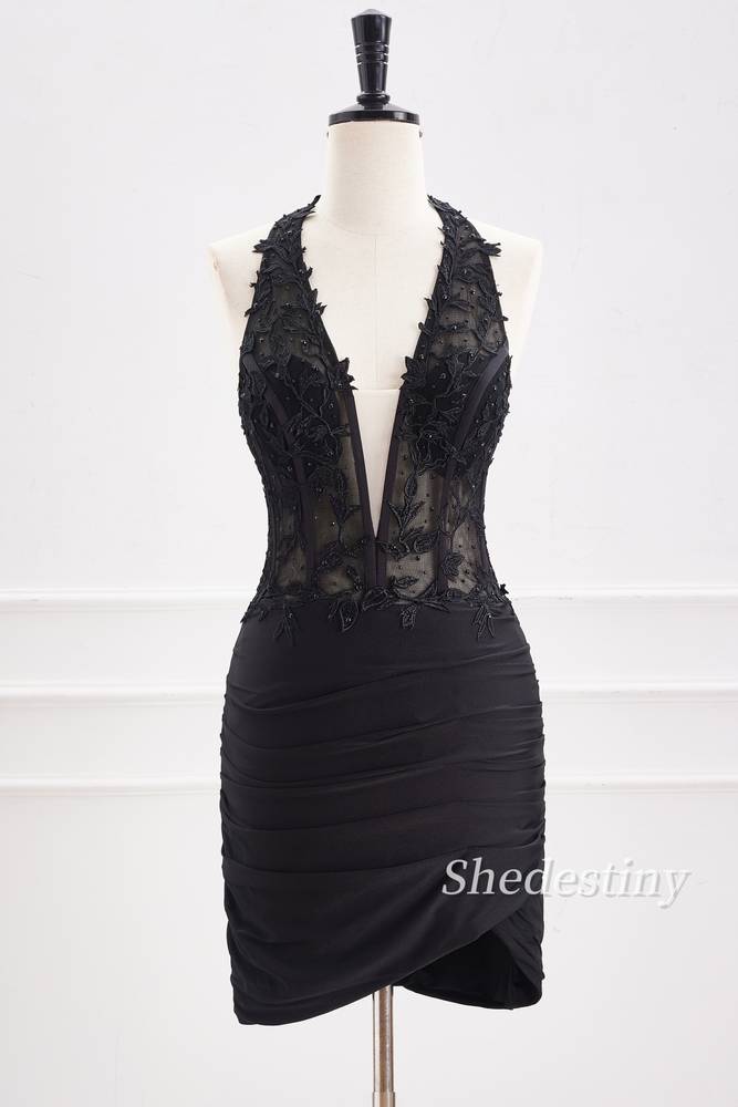Black Halter Bodycon Short Homecoming Dress with Applique