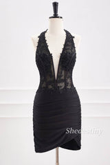 Black Halter Bodycon Short Homecoming Dress with Applique