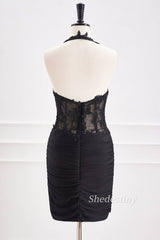 Black Halter Bodycon Short Homecoming Dress with Applique