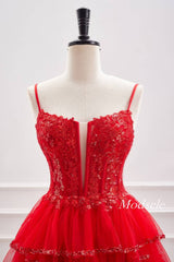Red Spaghetti Straps Sequin Ruffle Homecoming Dress