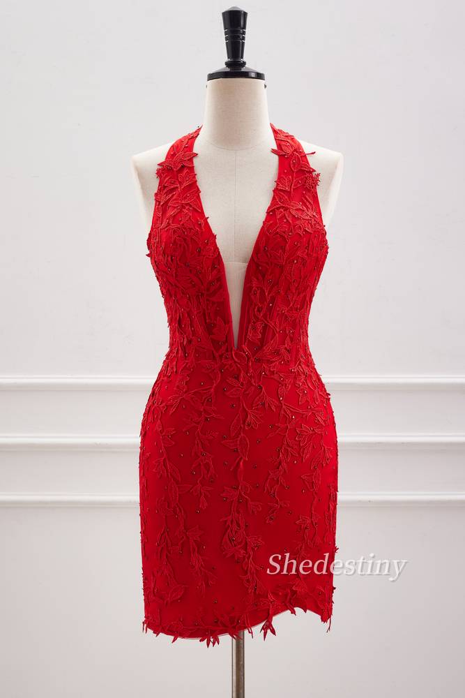 Red Plunging Neck Tight Homecoming Dress with Rhinestone