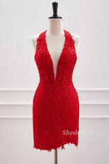Red Plunging Neck Tight Homecoming Dress with Rhinestone