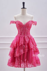 Off the Shoulder Hot Pink A-Line Ruffle Homecoming Dress