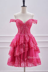 Fuchsia Sequins Off the Shoulder Short Homecoming Dress
