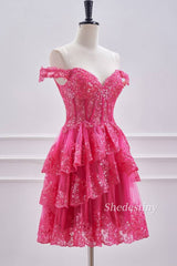 Fuchsia Sequins Off the Shoulder Short Homecoming Dress