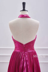 Crossed Halter Metallic Fuchsia Pleated Homecoming Dress