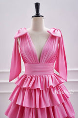V-Neck Pink Pleated Ruffle Homecoming Dress