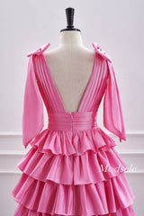V-Neck Pink Pleated Ruffle Homecoming Dress