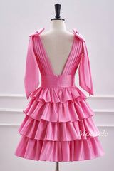 V-Neck Pink Pleated Ruffle Homecoming Dress