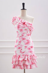 Pink Floral Print One Shoulder Tight Ruffle Homecoming Dress