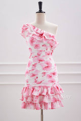 Pink One Shoulder Print Short Homecoming Dress