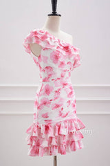 Pink One Shoulder Print Short Homecoming Dress