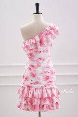 Pink Floral Print One Shoulder Tight Ruffle Homecoming Dress